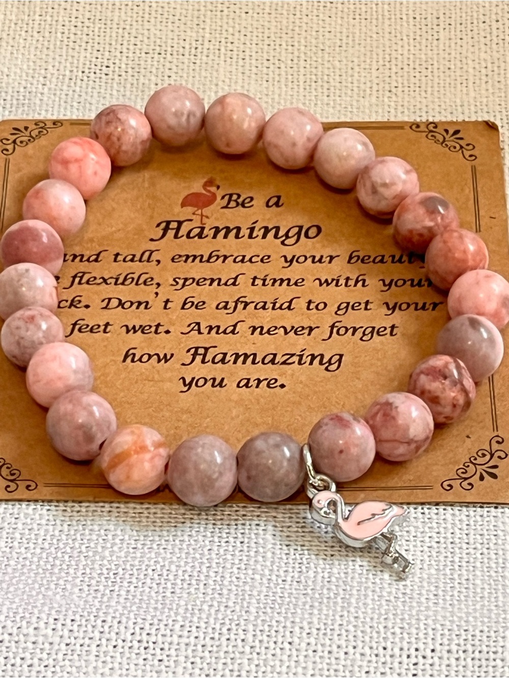 Pink Beaded Stretch Bracelet with Flamingo Charm